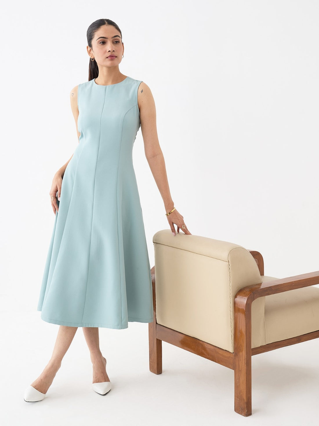 Moondel Panelled Detail Fit And Flare Dress-Mint Blue