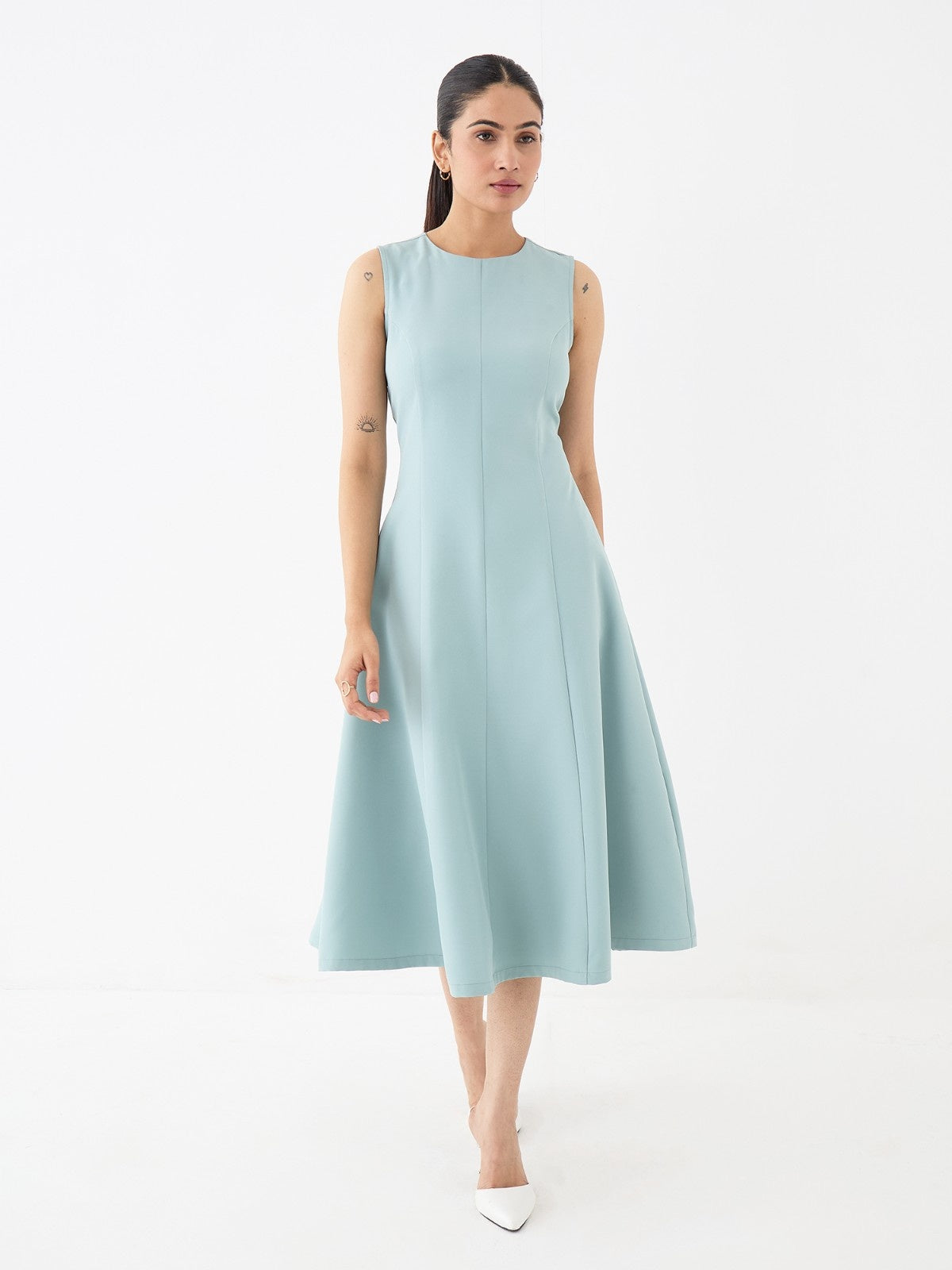 Moondel Panelled Detail Fit And Flare Dress-Mint Blue - SALT Attire