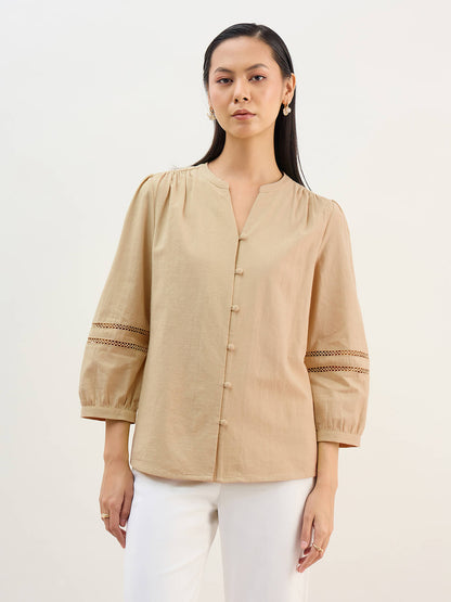 Clara Natch Neck Lace Detail Sleeve Top-Beige