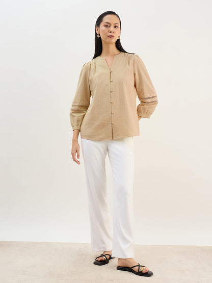 Clara Natch Neck Lace Detail Sleeve Top-Beige