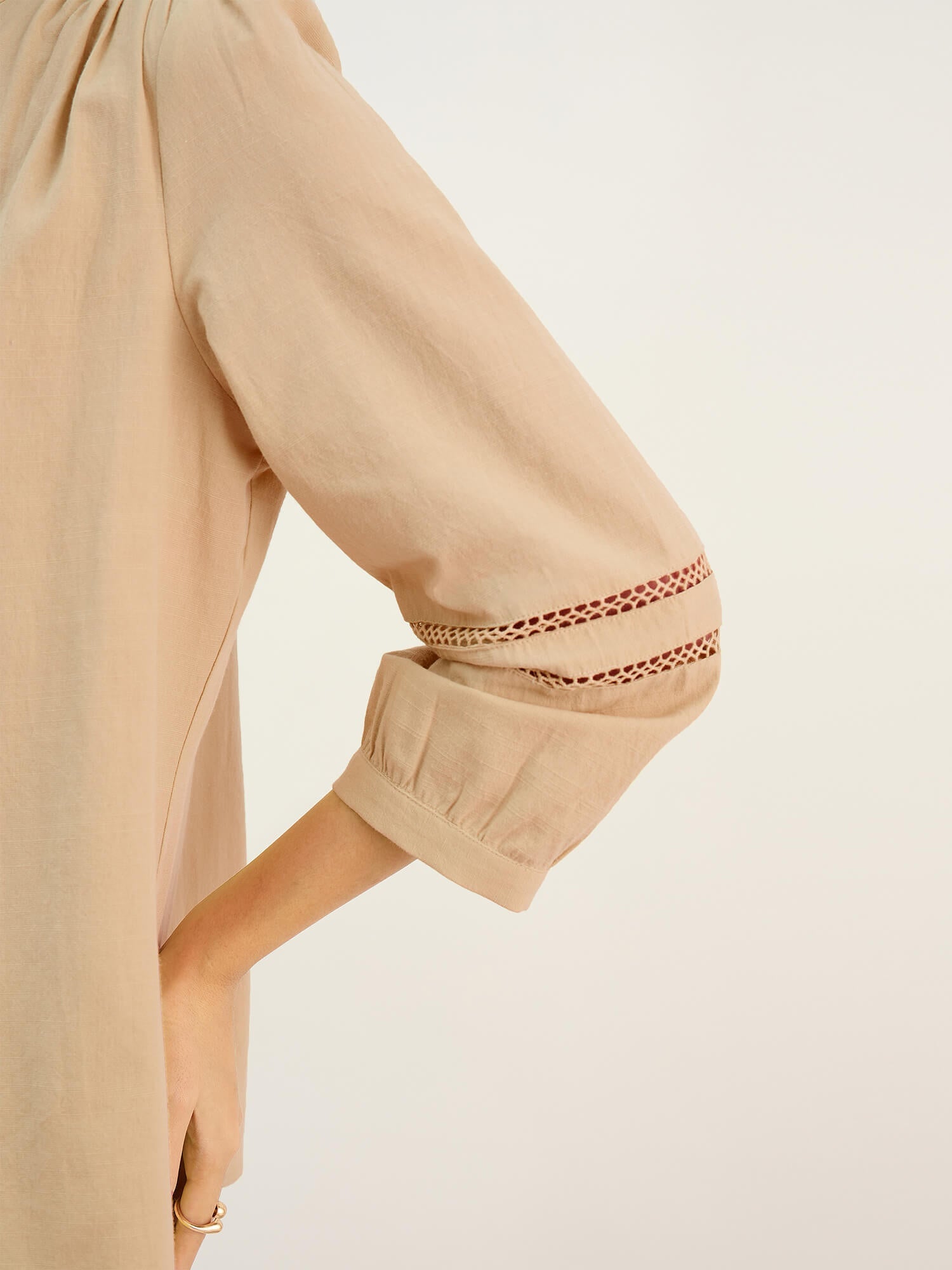 Clara Natch Neck Lace Detail Sleeve Top-Beige