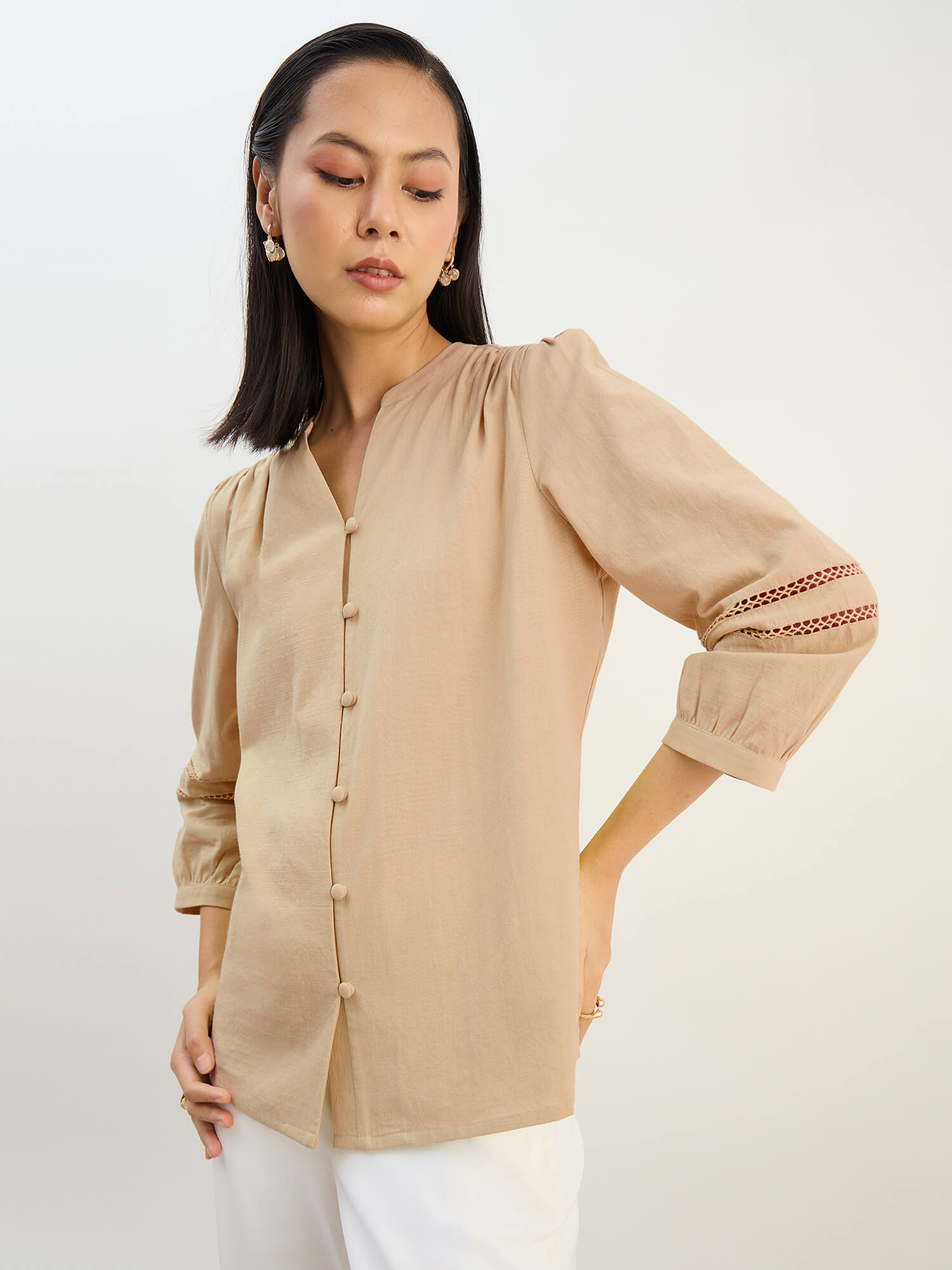 Clara Natch Neck Lace Detail Sleeve Top-Beige