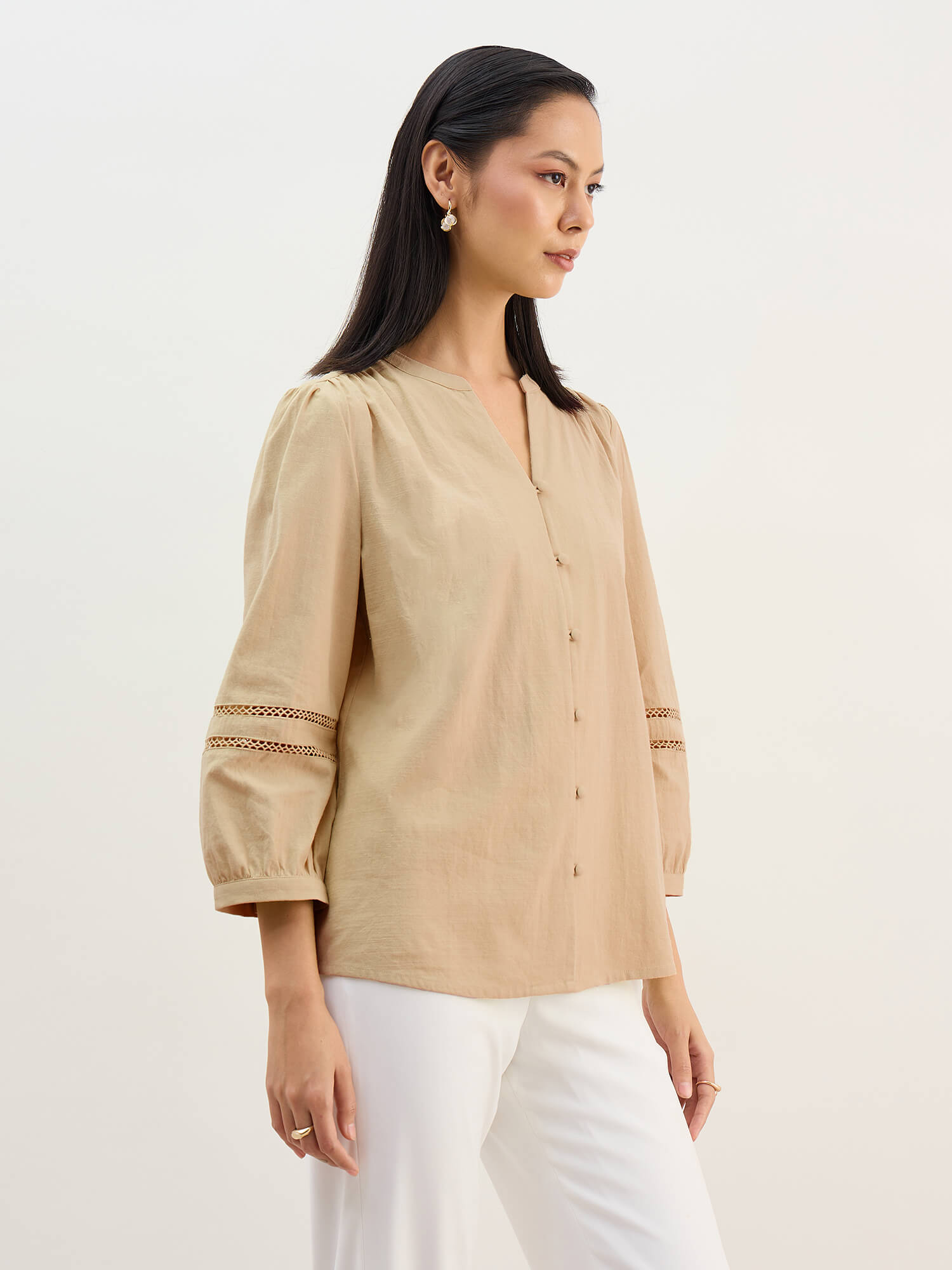Clara Natch Neck Lace Detail Sleeve Top-Beige