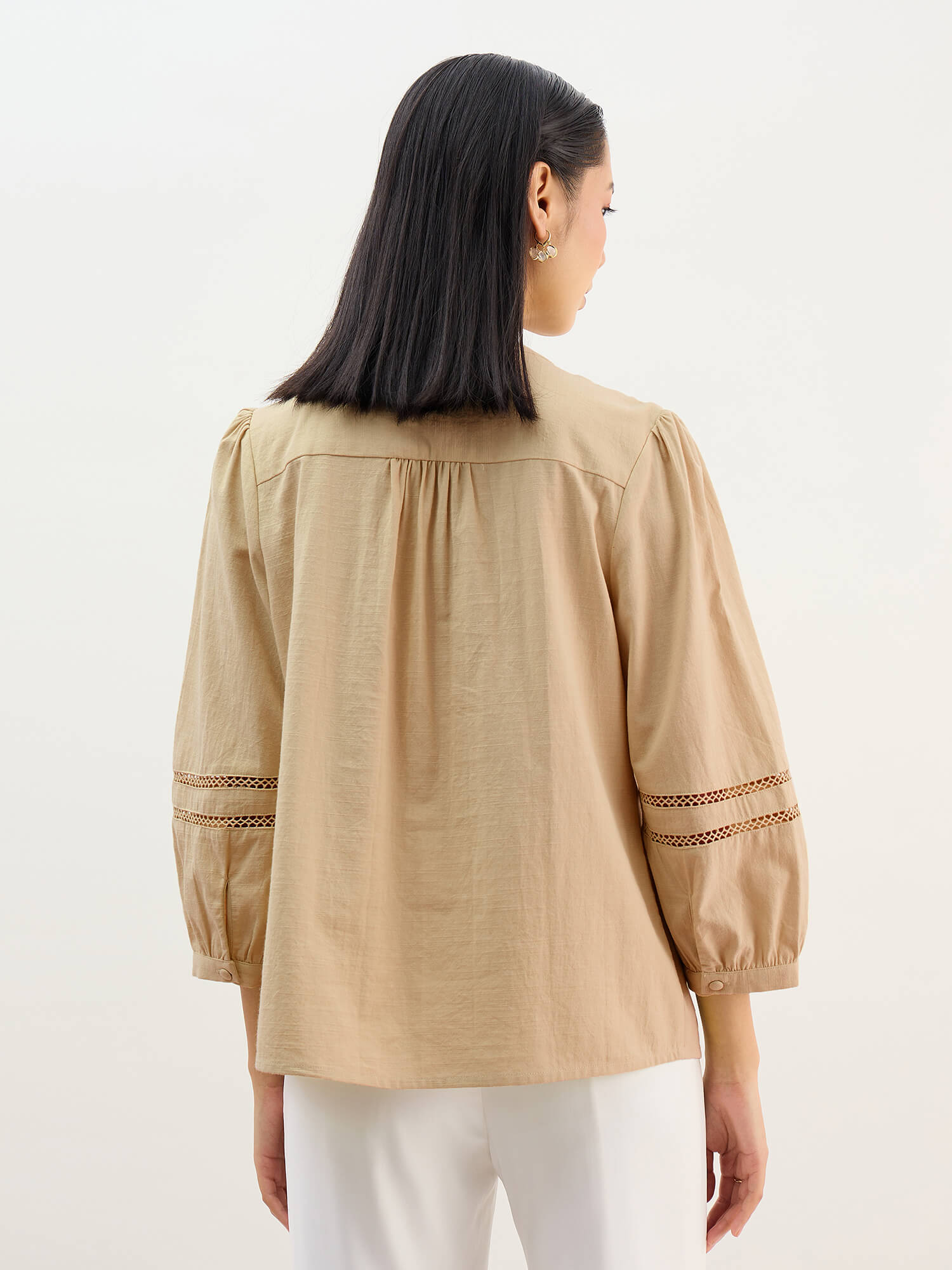 Clara Natch Neck Lace Detail Sleeve Top-Beige