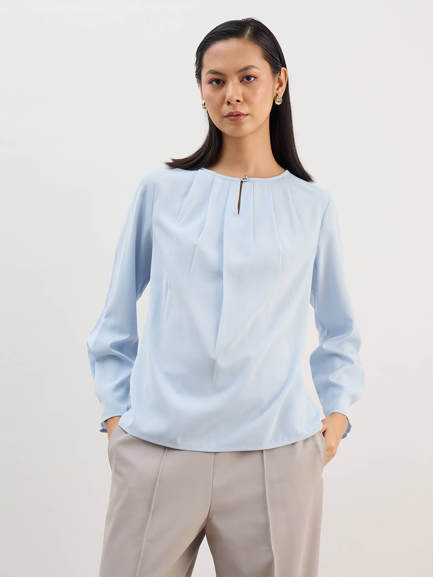 Noela Pleated Neck Keyhole Top -Blue