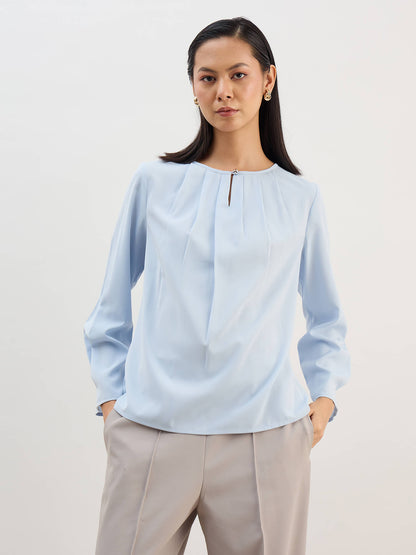 Noela Pleated Neck Keyhole Top -Blue