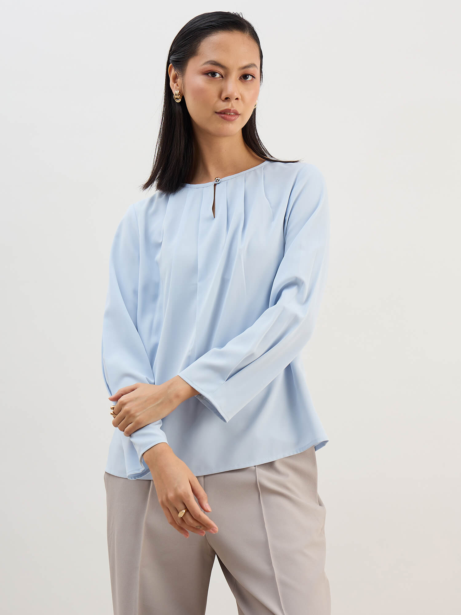 Noela Pleated Neck Keyhole Top -Blue