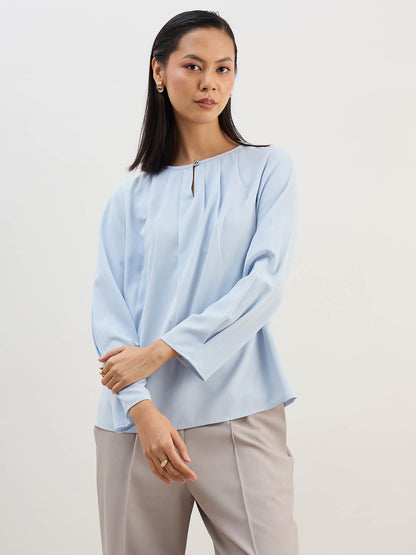 Noela Pleated Neck Keyhole Top -Blue
