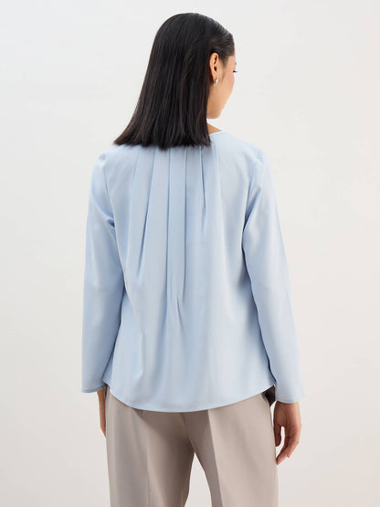 Noela Pleated Neck Keyhole Top -Blue