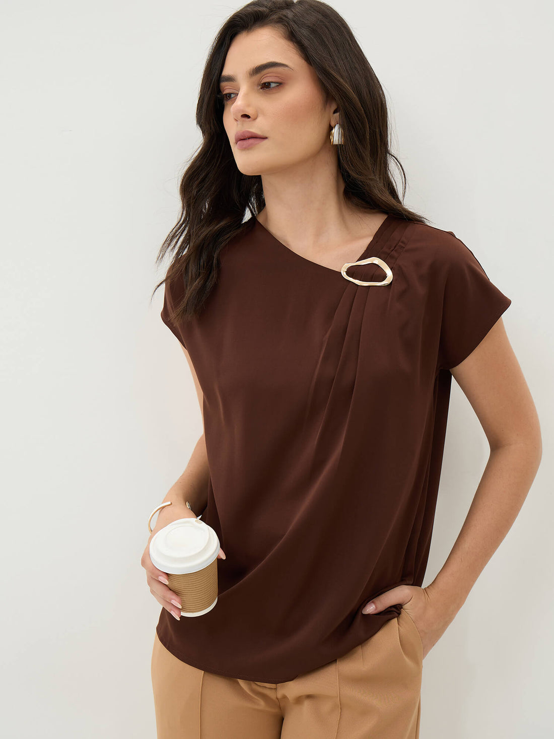 Thalia Asymmetric Neck Top With Trim Detail-Chocolate Brown