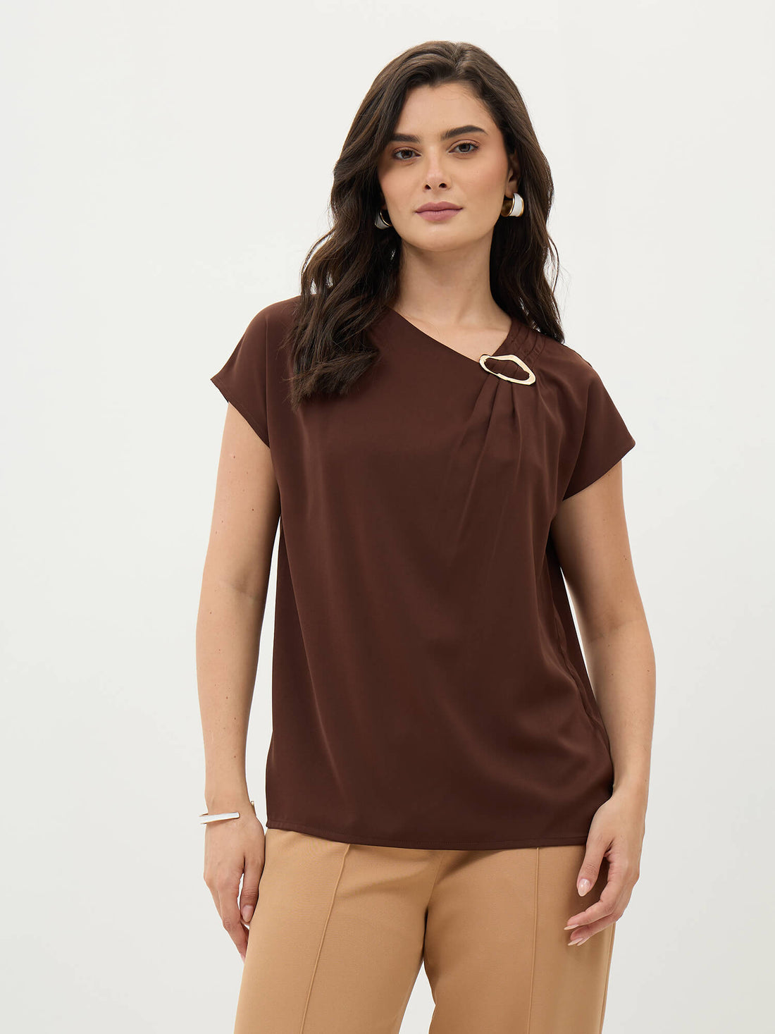 Thalia Asymmetric Neck Top With Trim Detail-Chocolate Brown