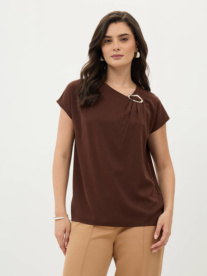 Thalia Asymmetric Neck Top With Trim Detail-Chocolate Brown