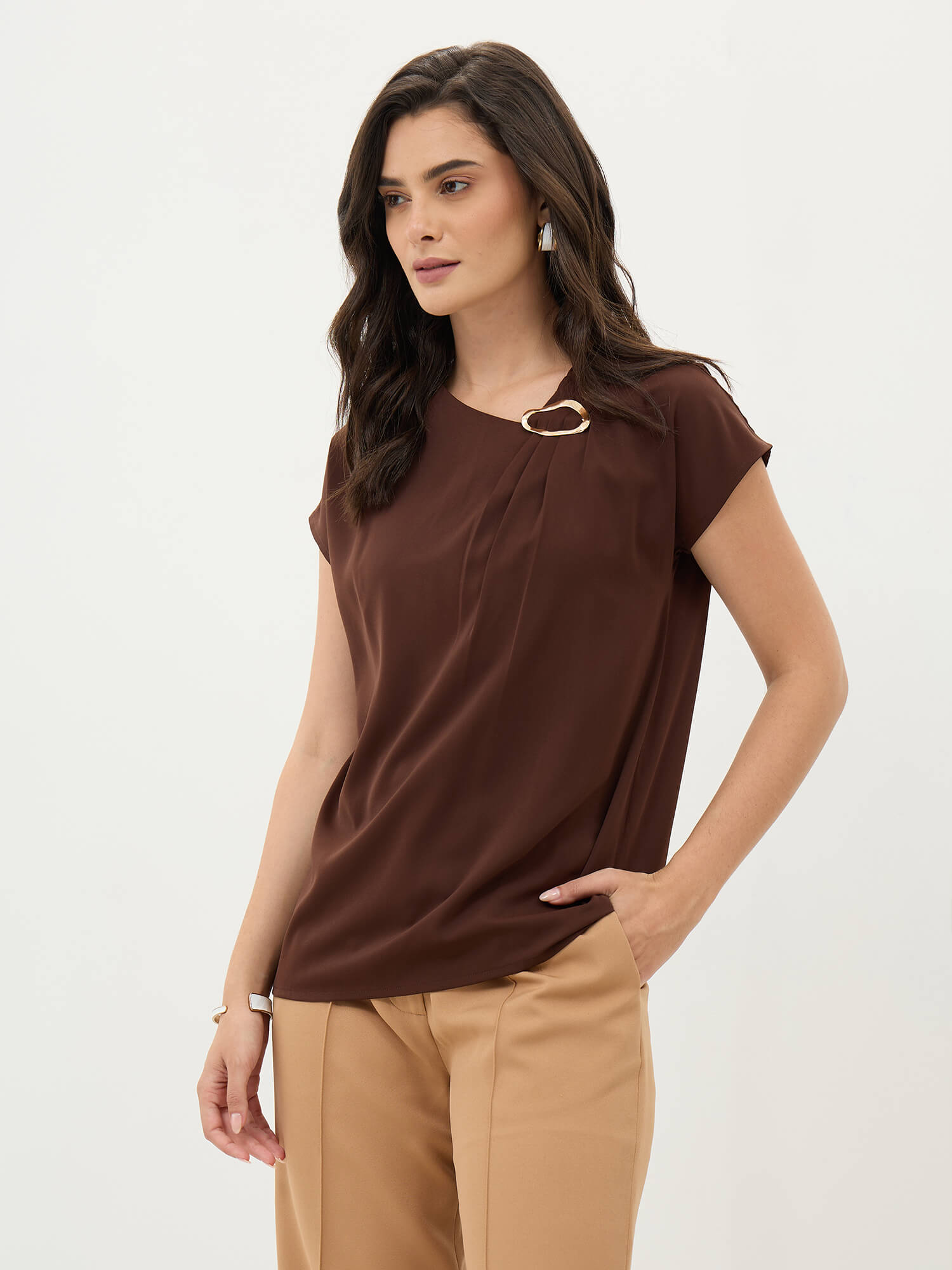 Thalia Asymmetric Neck Top With Trim Detail-Chocolate Brown