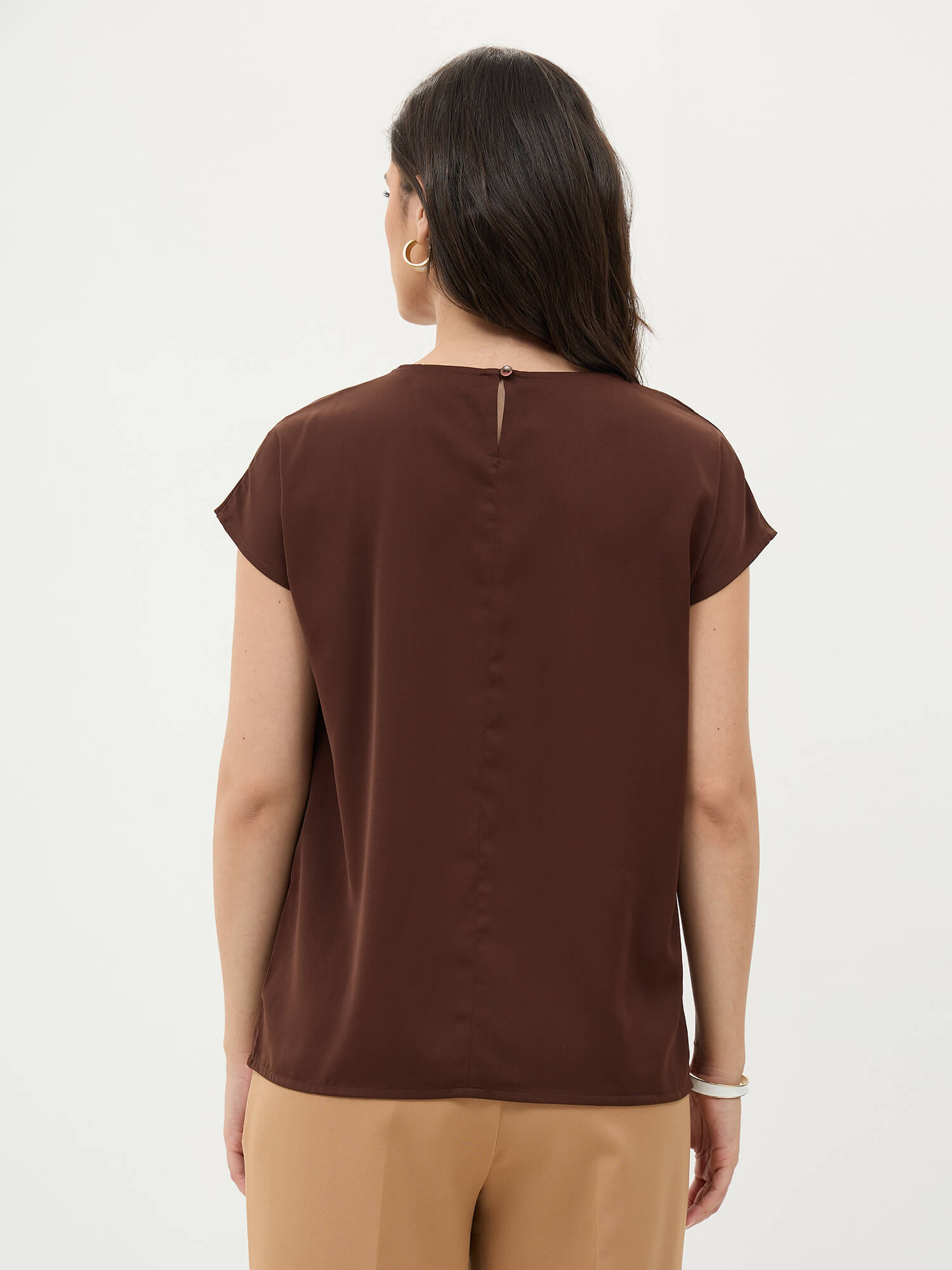 Thalia Asymmetric Neck Top With Trim Detail-Chocolate Brown