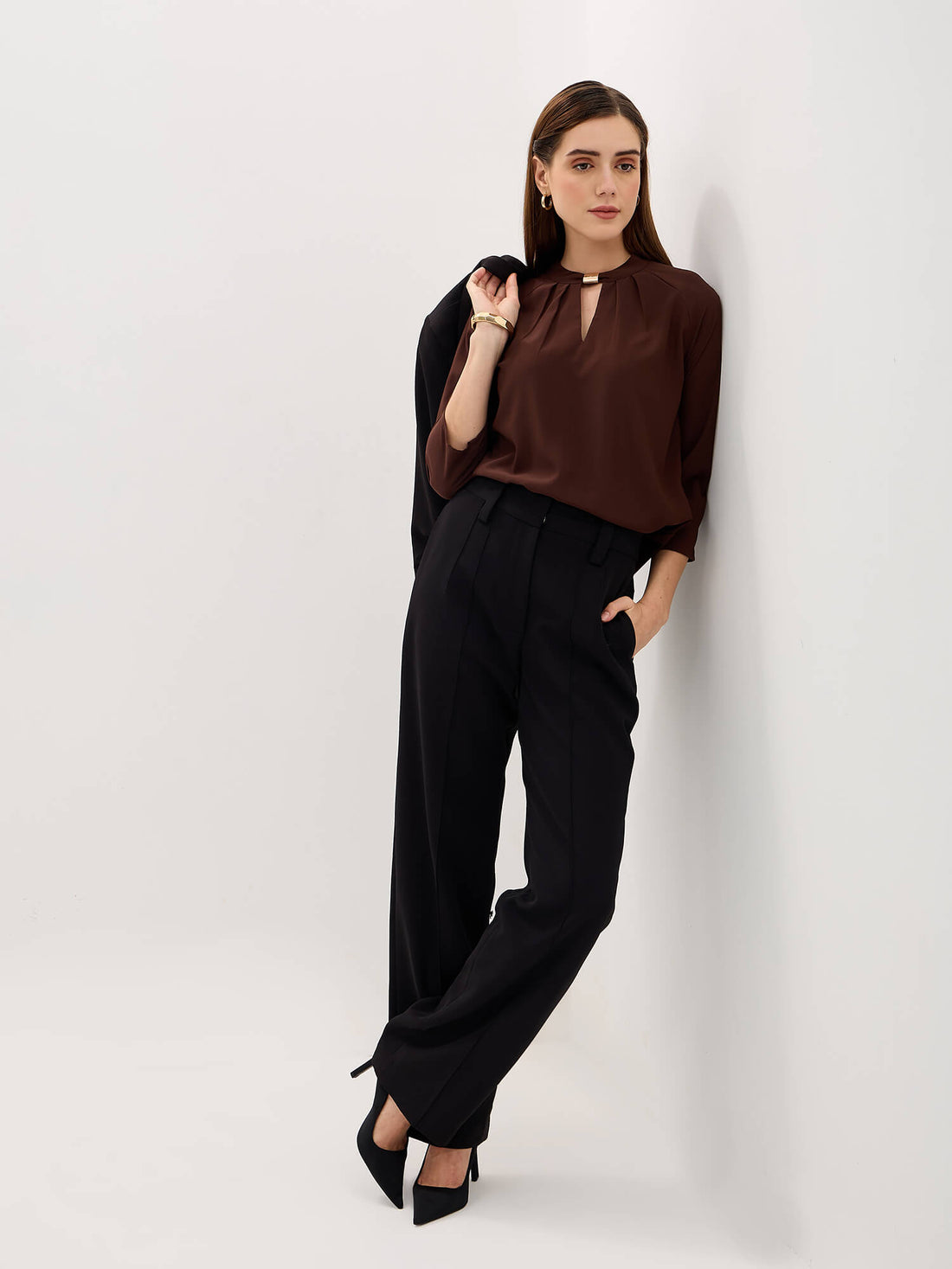 Sahara Pleated Neck Top-Chocolate Brown