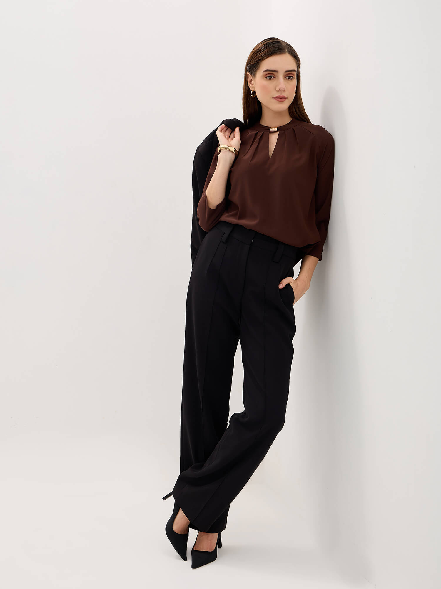 Sahara Pleated Neck Top-Chocolate Brown