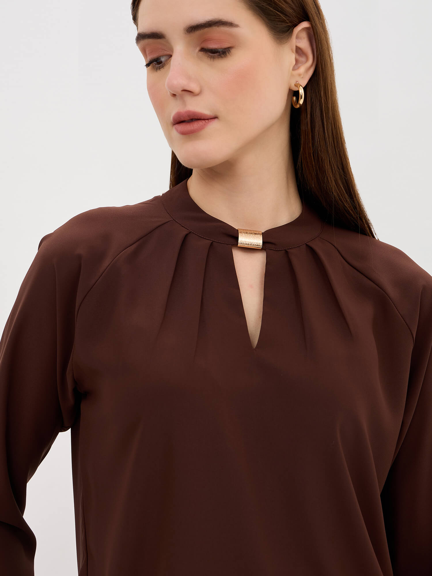 Sahara Pleated Neck Top-Chocolate Brown