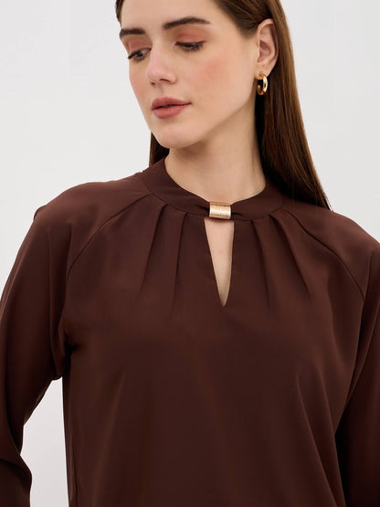 Sahara Pleated Neck Top-Chocolate Brown
