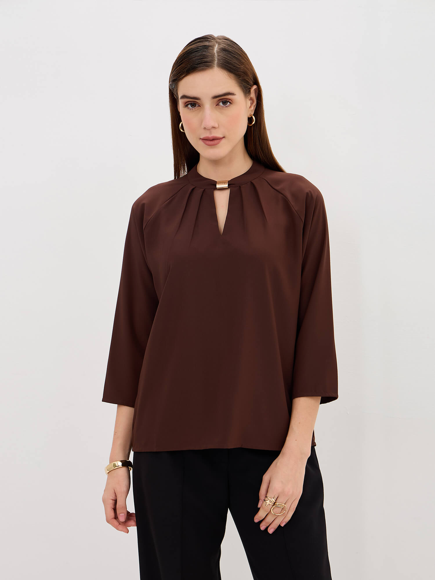 Sahara Pleated Neck Top-Chocolate Brown