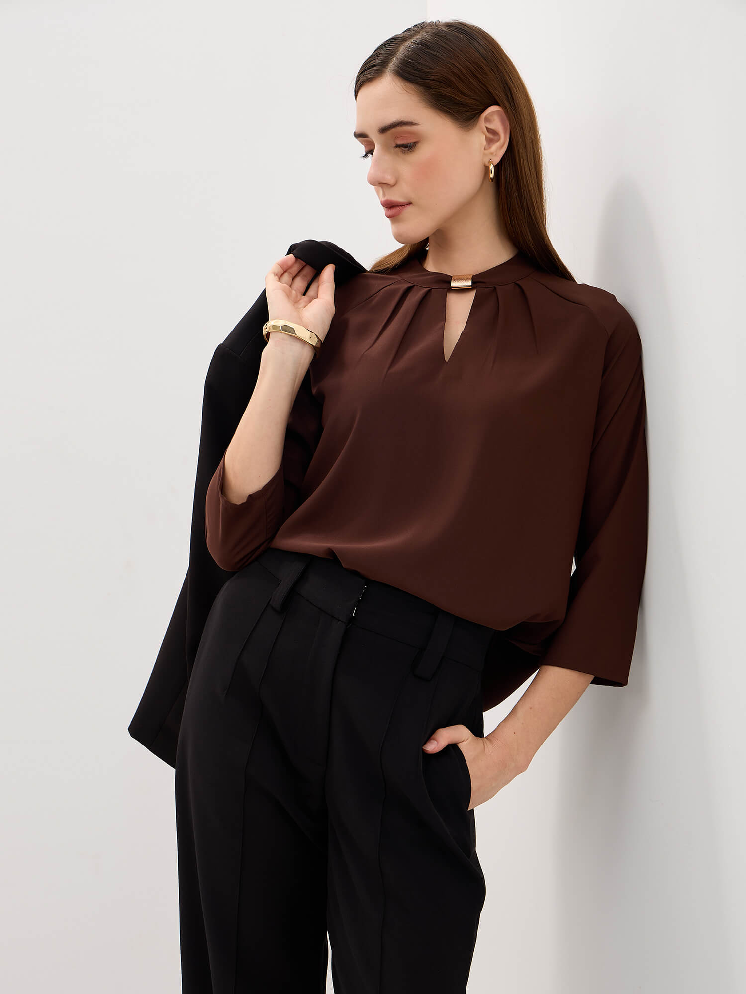 Sahara Pleated Neck Top-Chocolate Brown