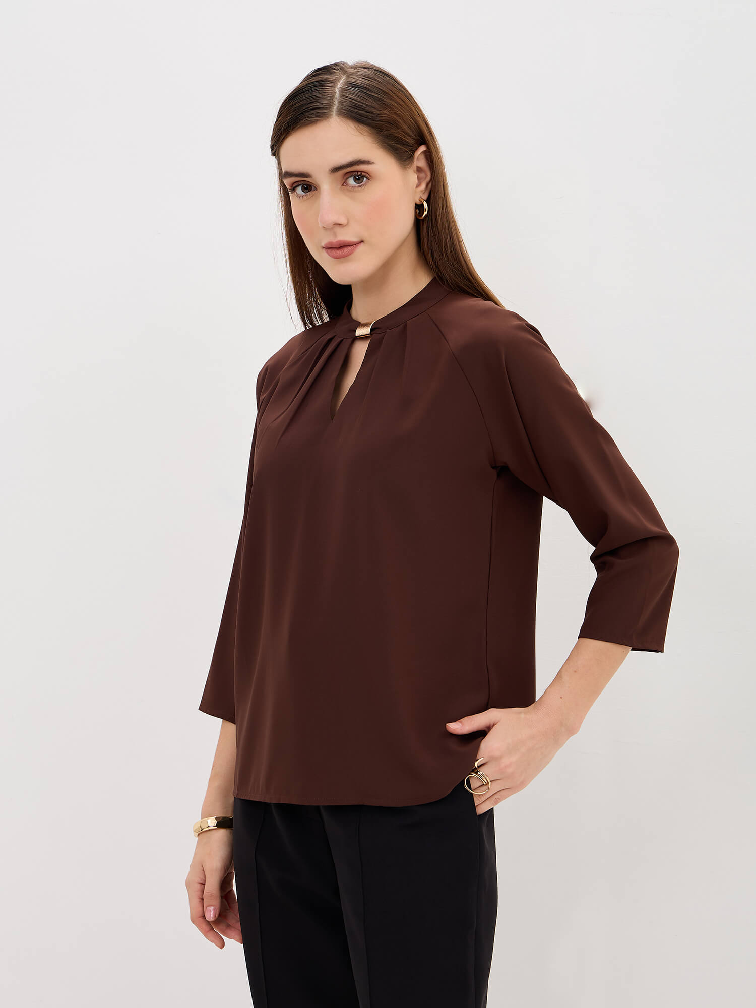 Sahara Pleated Neck Top-Chocolate Brown