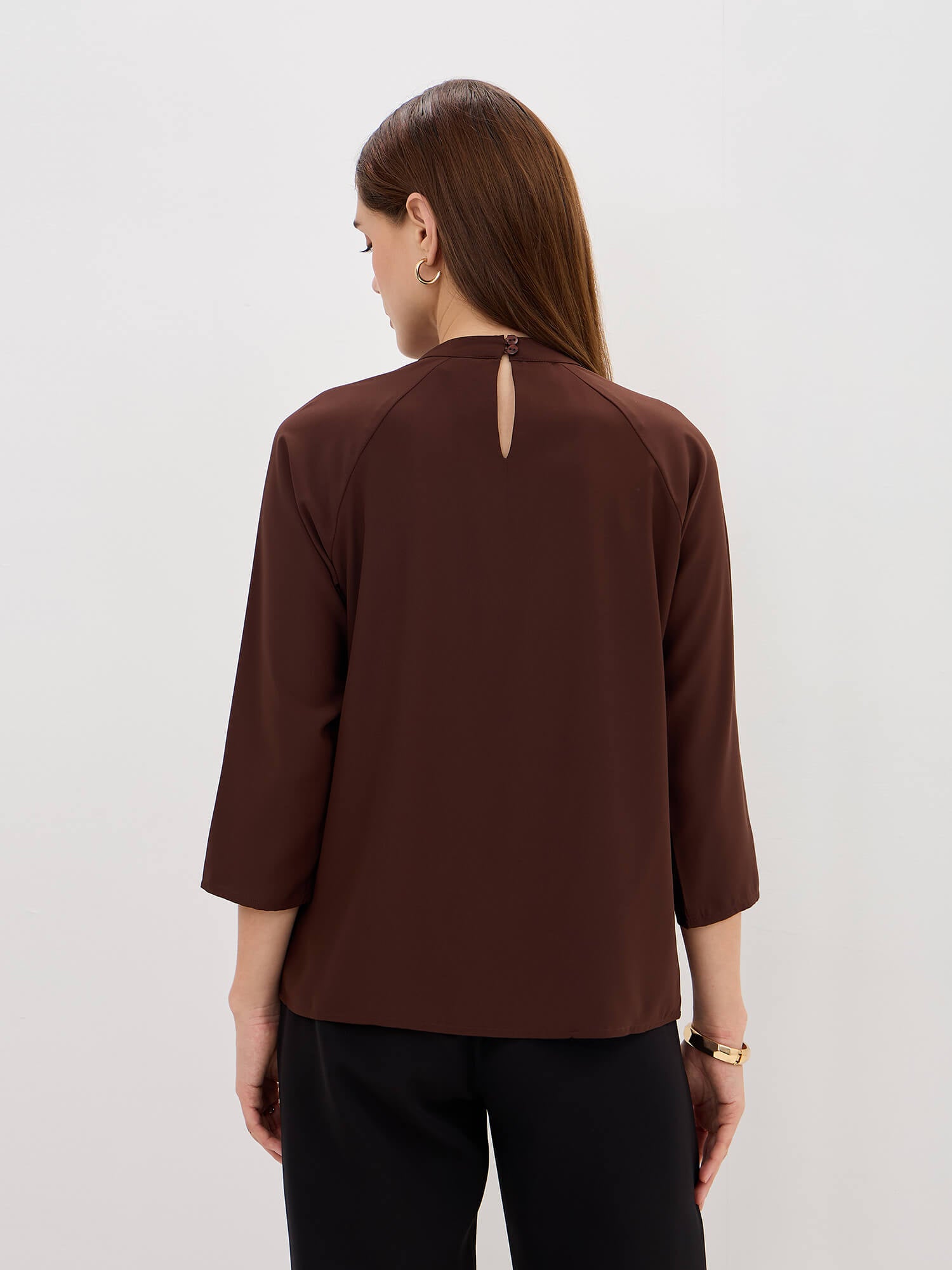 Sahara Pleated Neck Top-Chocolate Brown