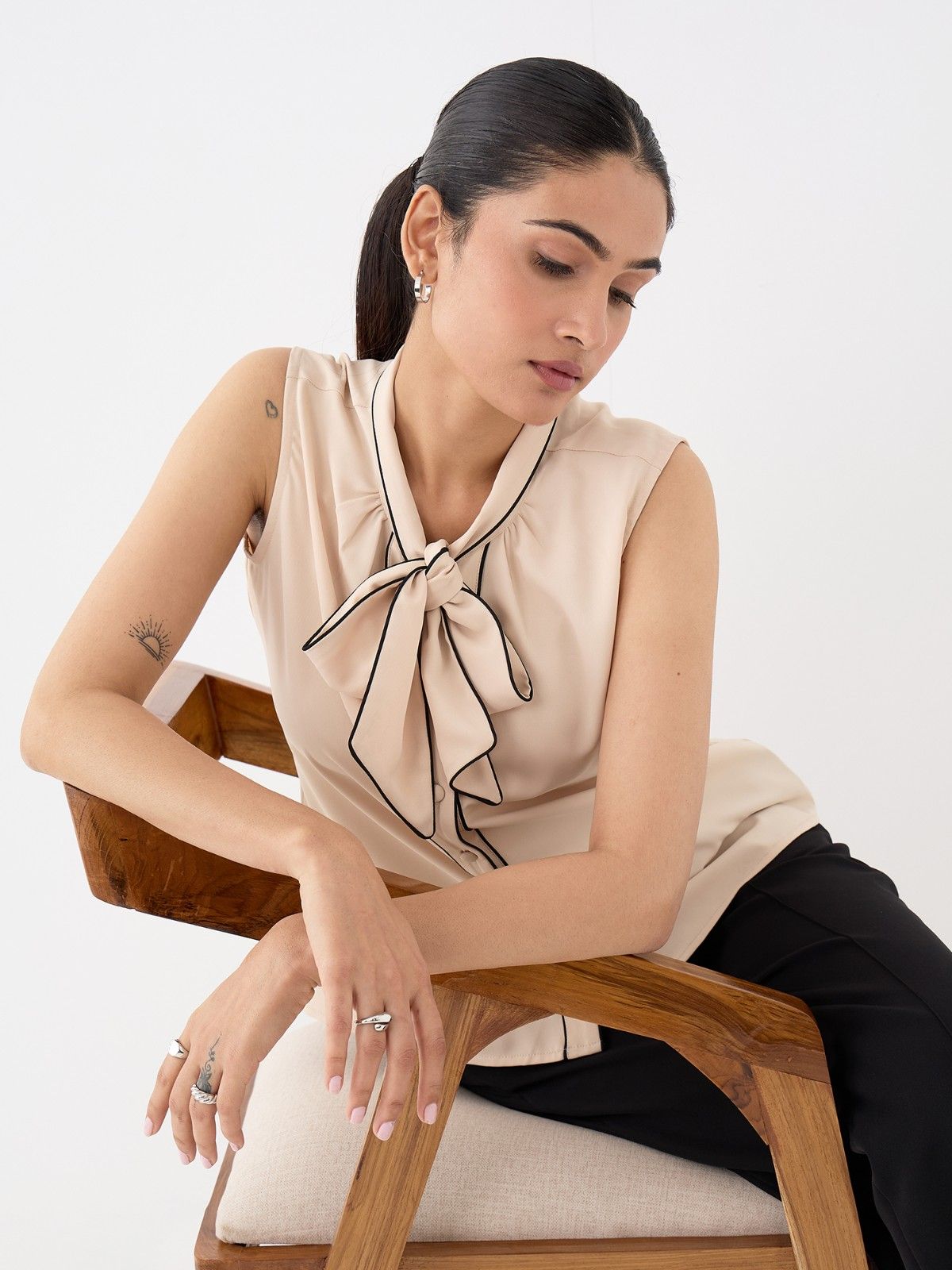 Alfiee Sleeveless Tie-Up Top-Beige