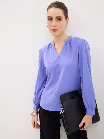 Odyssey  Gathered V-Neck Buttoned Top-English Blue
