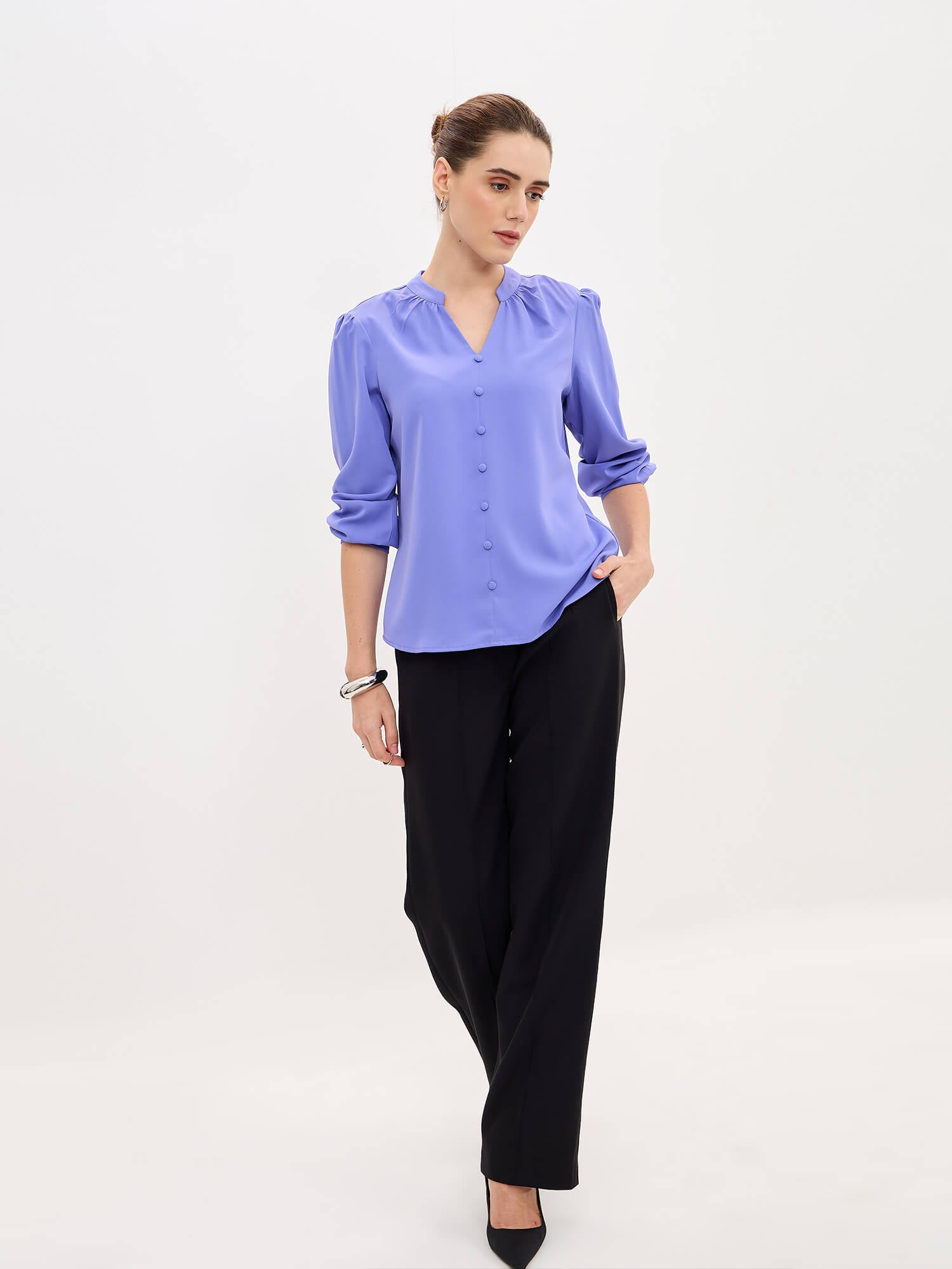 Odyssey  Gathered V-Neck Buttoned Top-English Blue