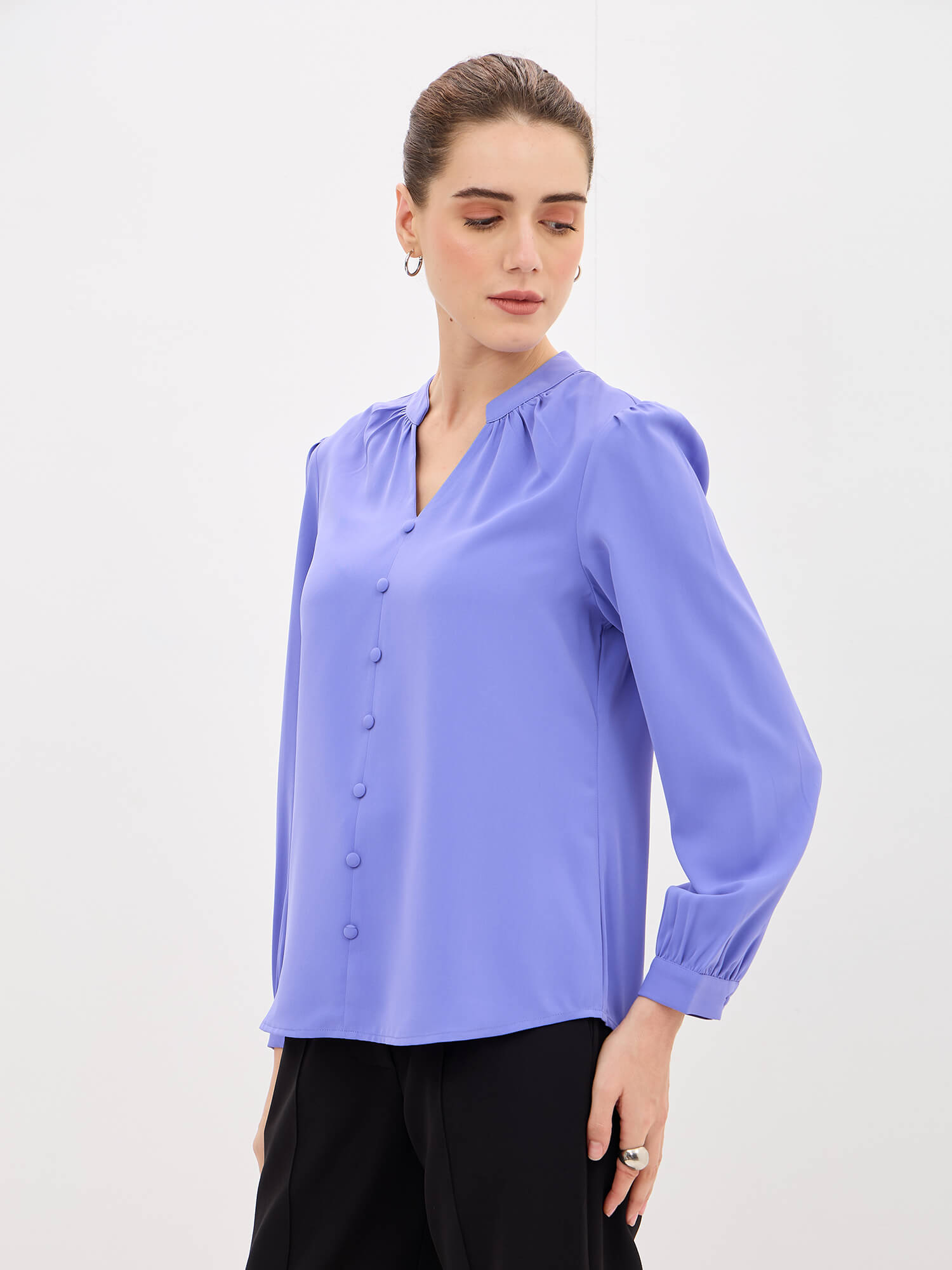 Odyssey  Gathered V-Neck Buttoned Top-English Blue