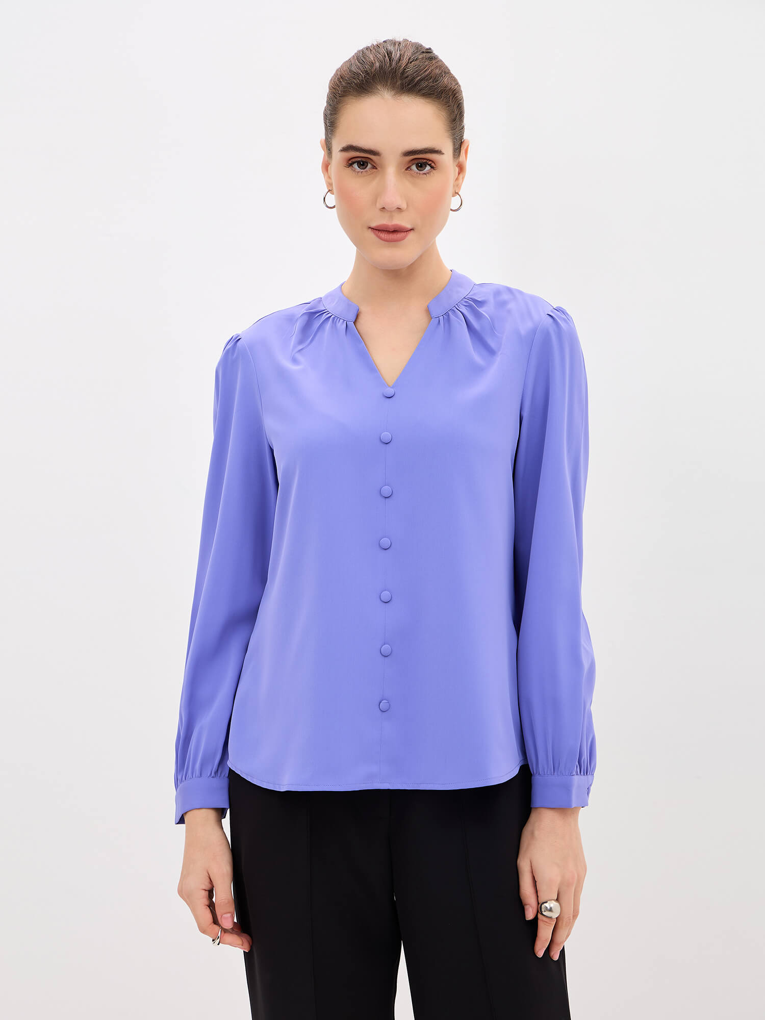 Odyssey  Gathered V-Neck Buttoned Top-English Blue