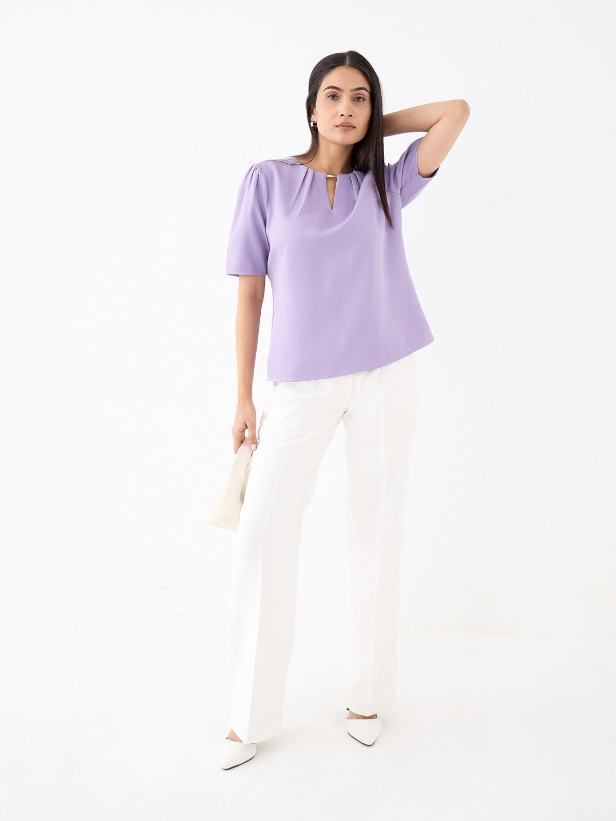 Knox Pleated Neck Top With Metal Bar And Gathered Sleeves-Lavender