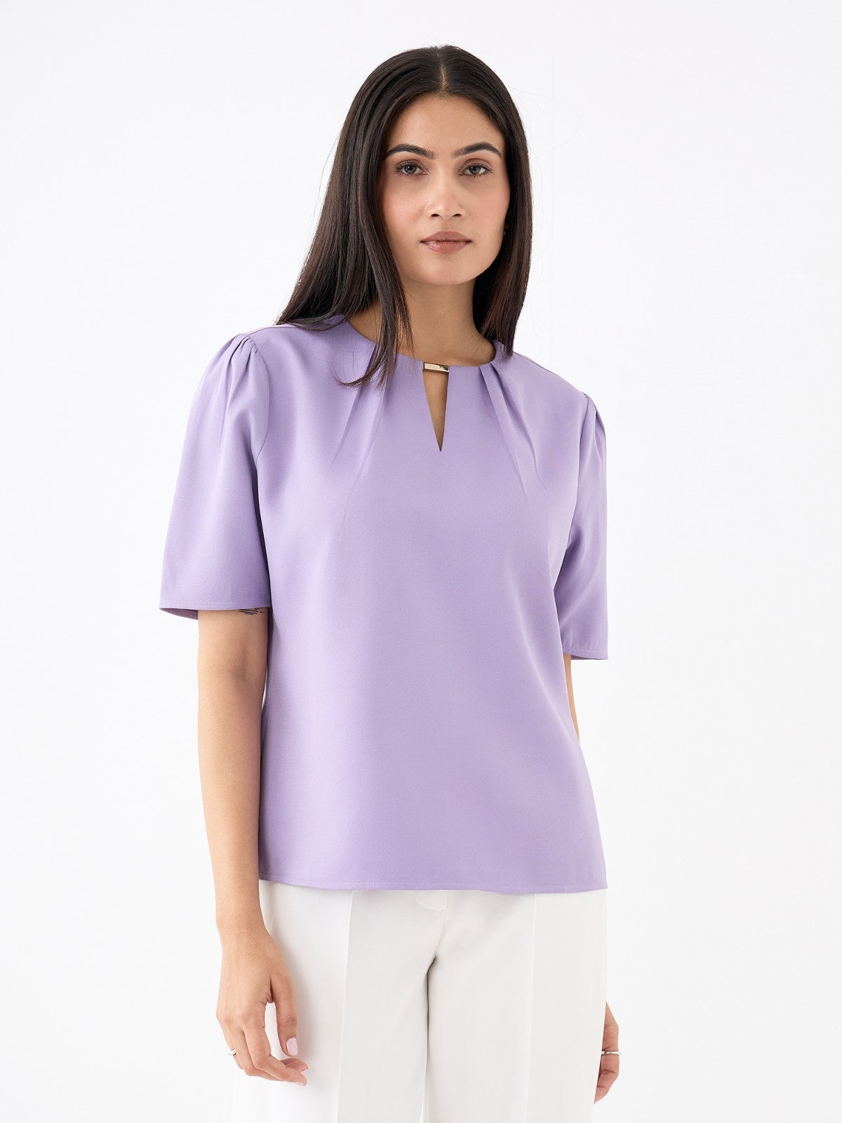Knox Pleated Neck Top With Metal Bar And Gathered Sleeves-Lavender - SALT Attire