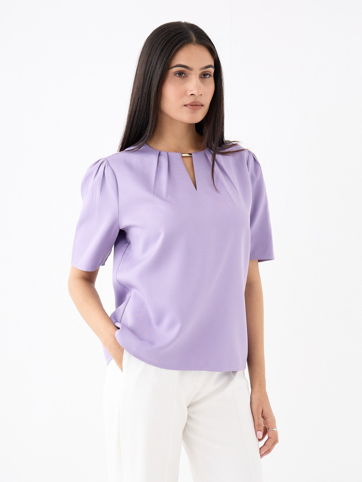 Knox Pleated Neck Top With Metal Bar And Gathered Sleeves-Lavender - SALT Attire