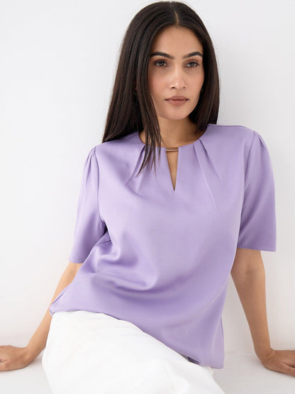 Knox Pleated Neck Top With Metal Bar And Gathered Sleeves-Lavender - SALT Attire