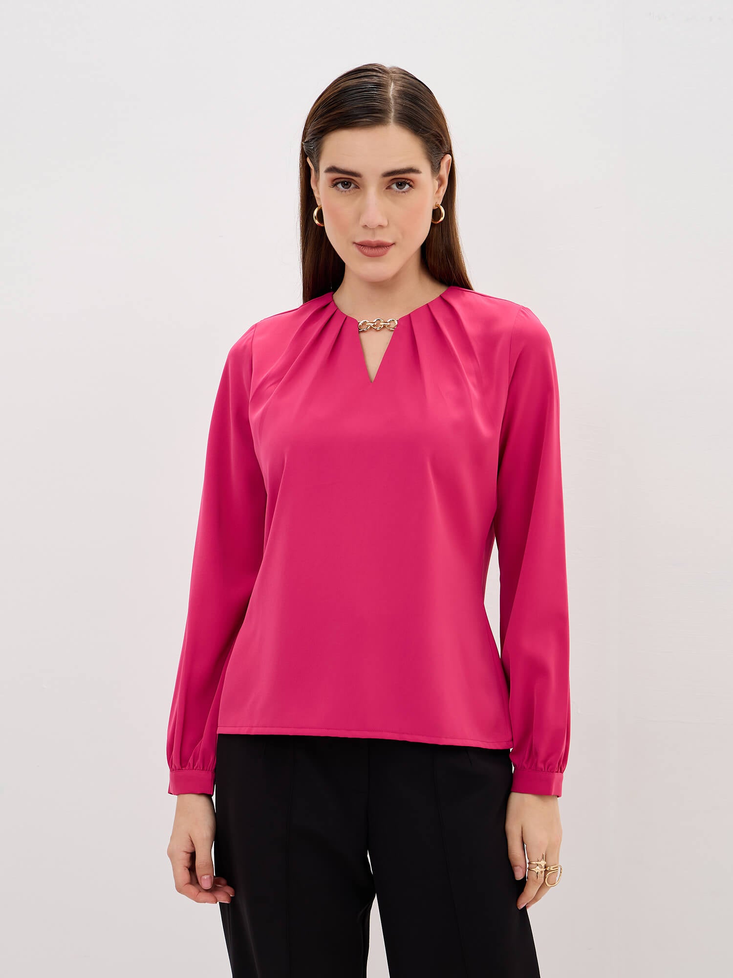 Elysian Pleated Neck Top-Fuchsia