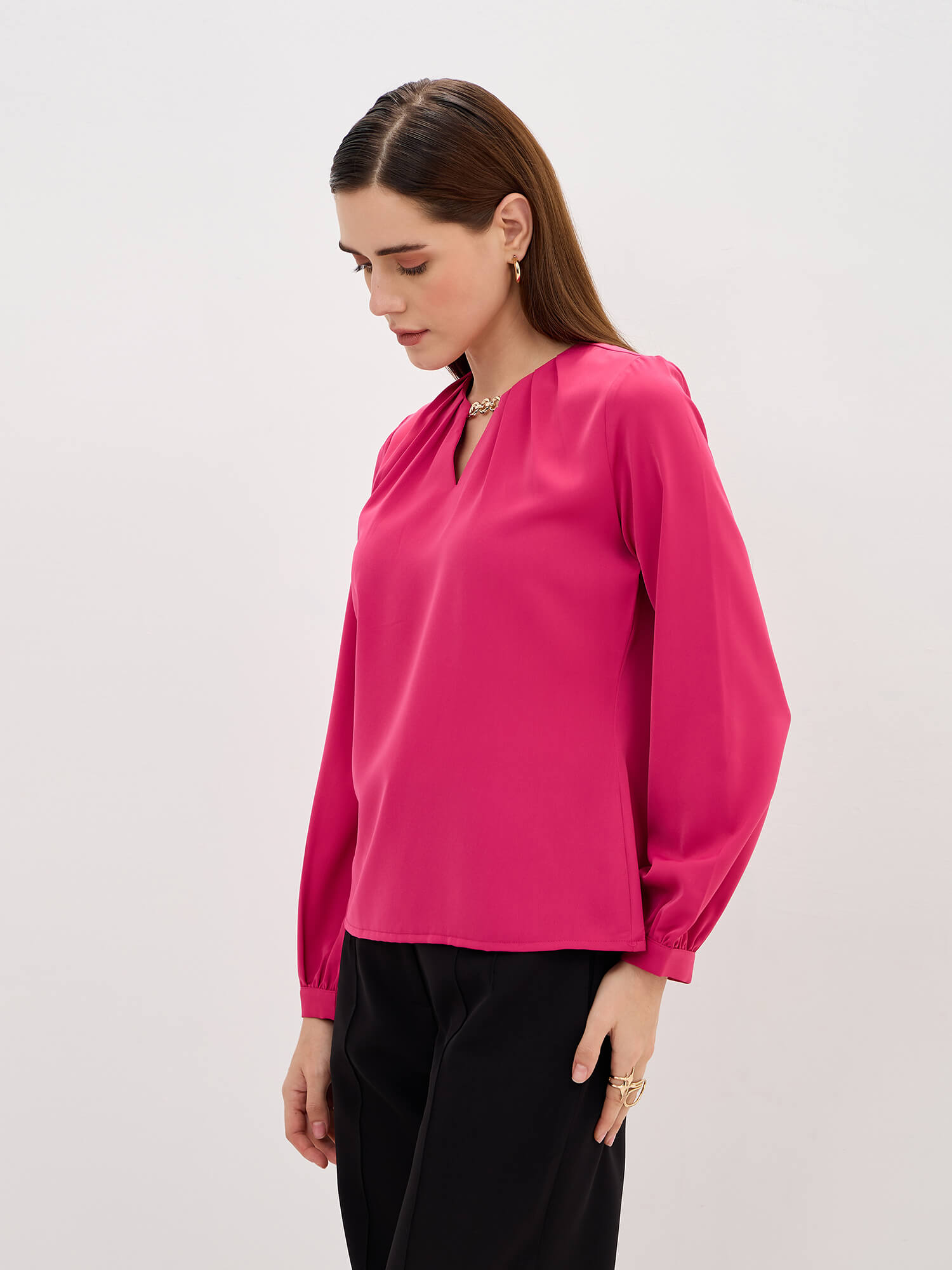 Elysian Pleated Neck Top-Fuchsia