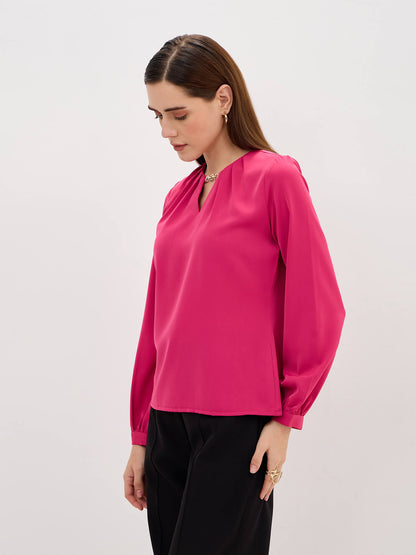 Elysian Pleated Neck Top-Fuchsia