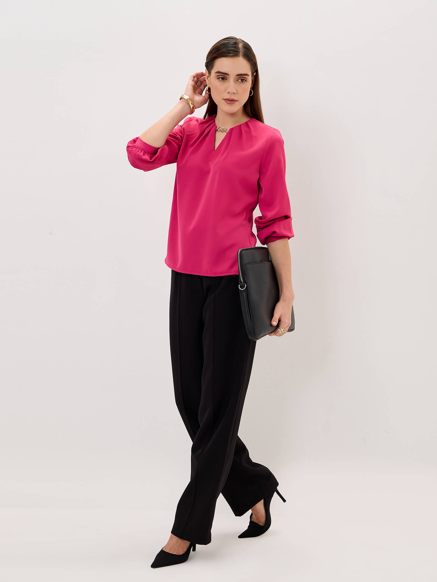 Elysian Pleated Neck Top-Fuchsia