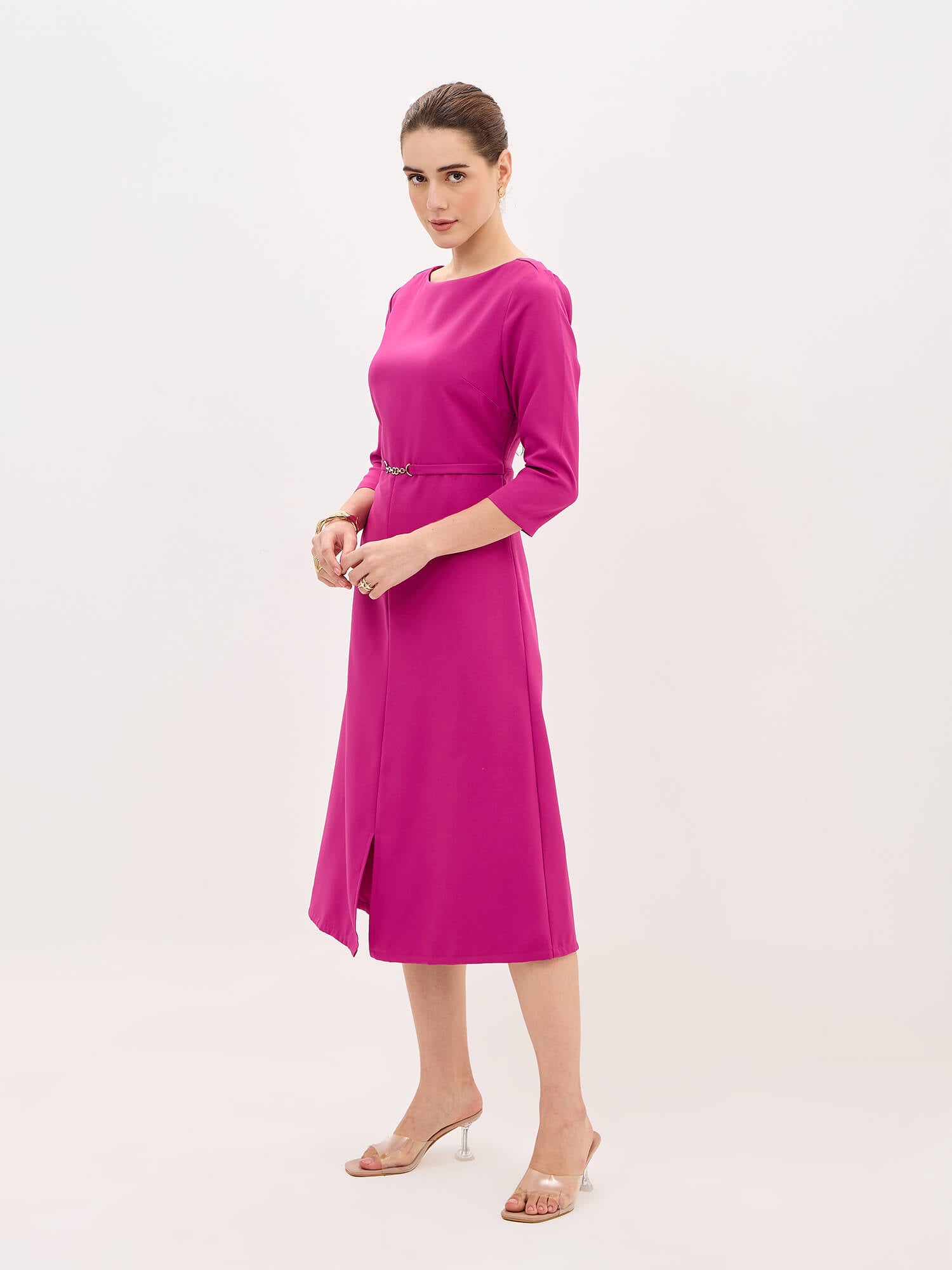 Erica Waist Embellishement Fit &amp; Flare Dress-Magenta