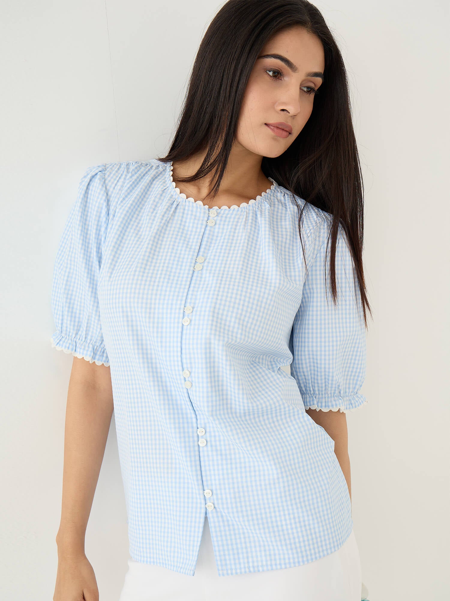 Fleuriste Lace Trim Blouse-Blue