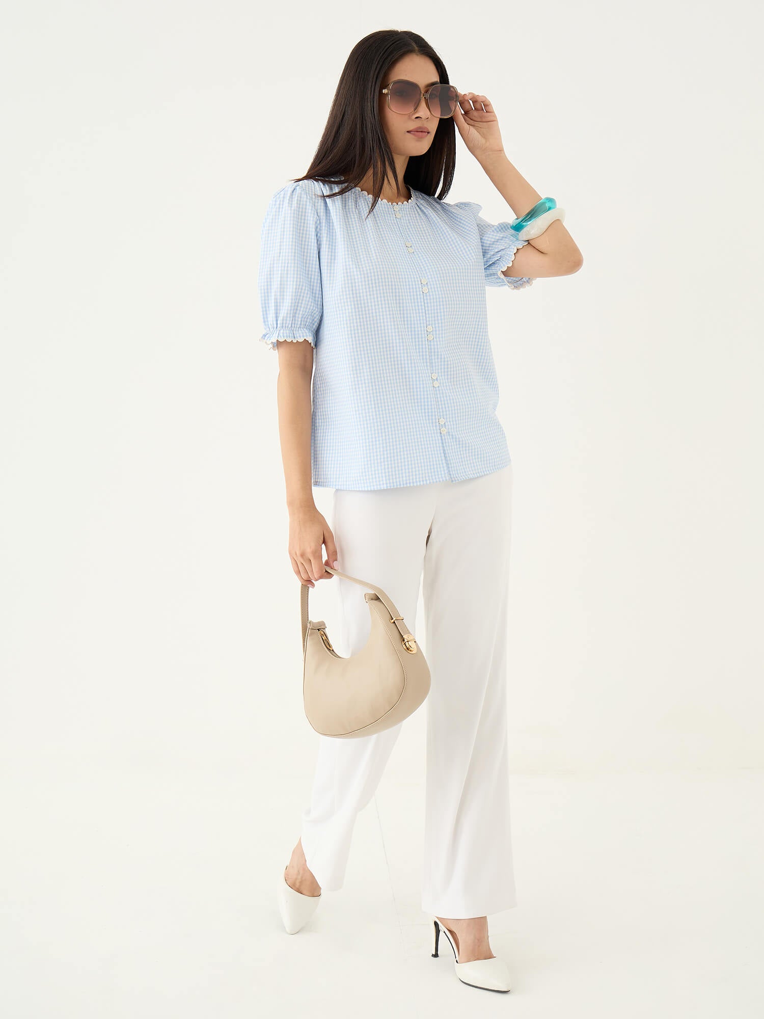Fleuriste Lace Trim Blouse-Blue - SALT Attire