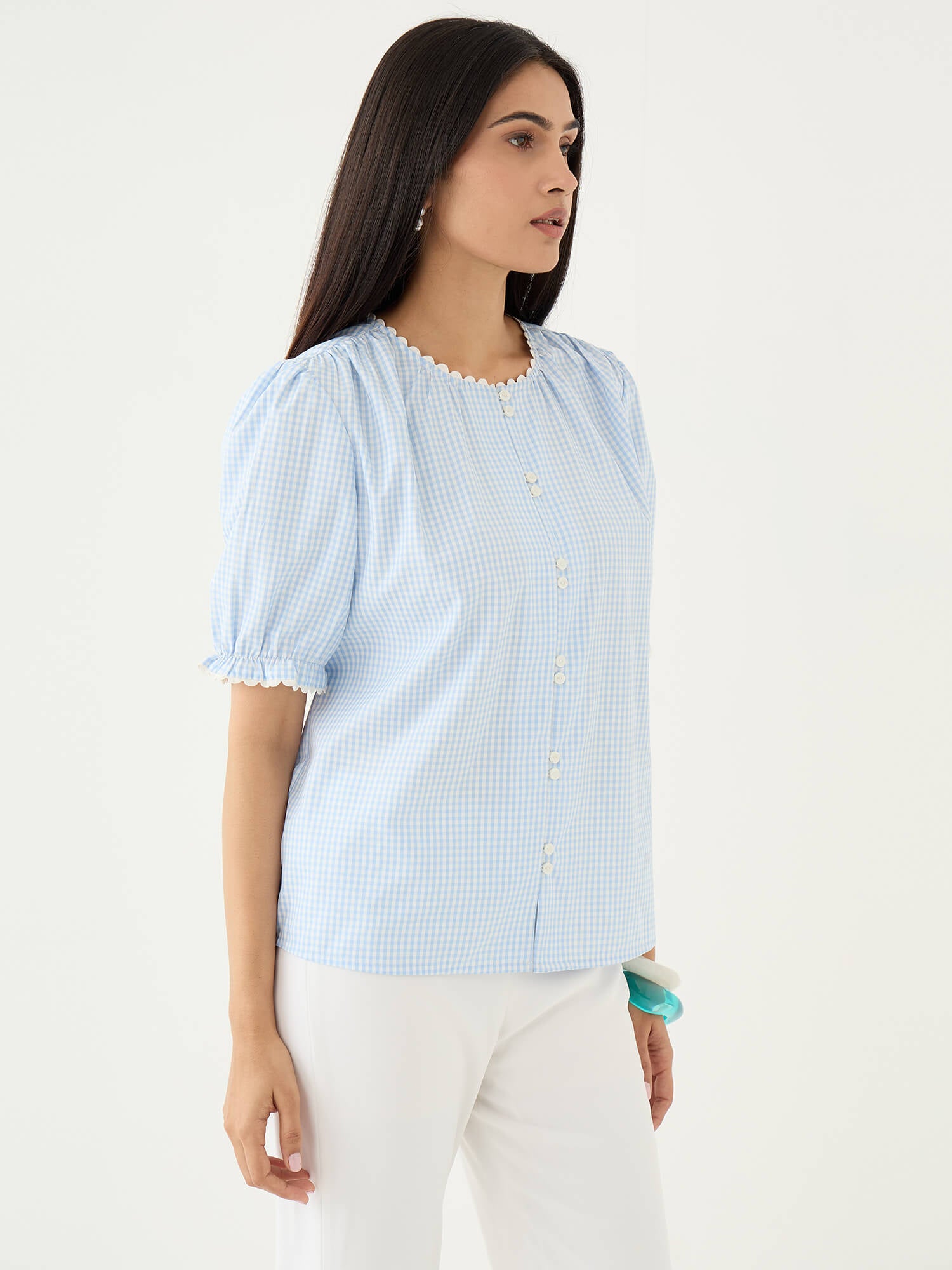 Fleuriste Lace Trim Blouse-Blue - SALT Attire