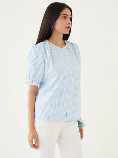 Fleuriste Lace Trim Blouse-Blue - SALT Attire