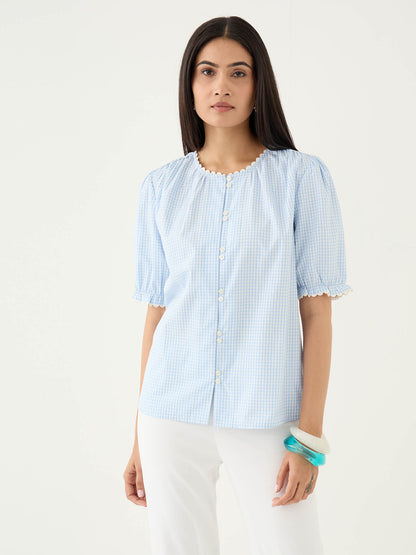 Fleuriste Lace Trim Blouse-Blue - SALT Attire