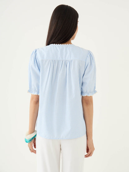 Fleuriste Lace Trim Blouse-Blue - SALT Attire