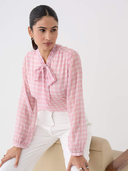 Polly Neck Tie Top-Pink