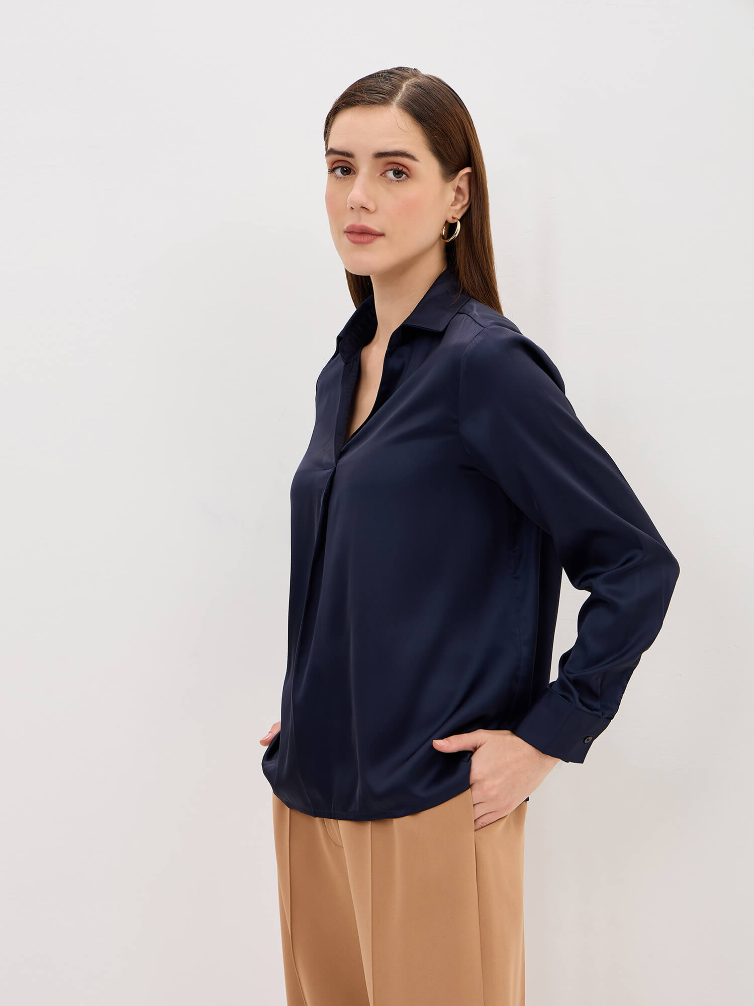 Andorra Front Pleat With Metallic Button Top-Navy