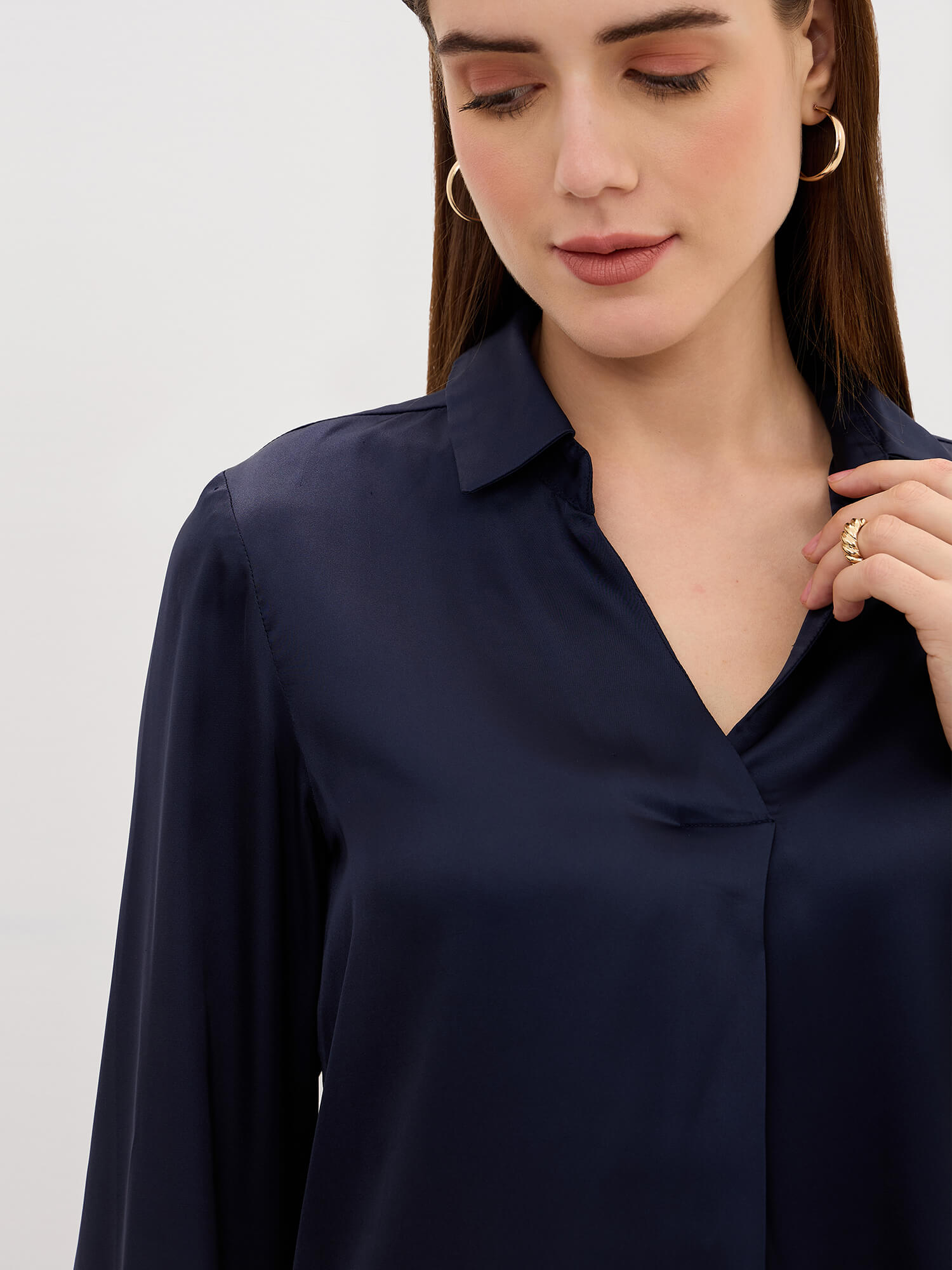 Andorra Front Pleat With Metallic Button Top-Navy