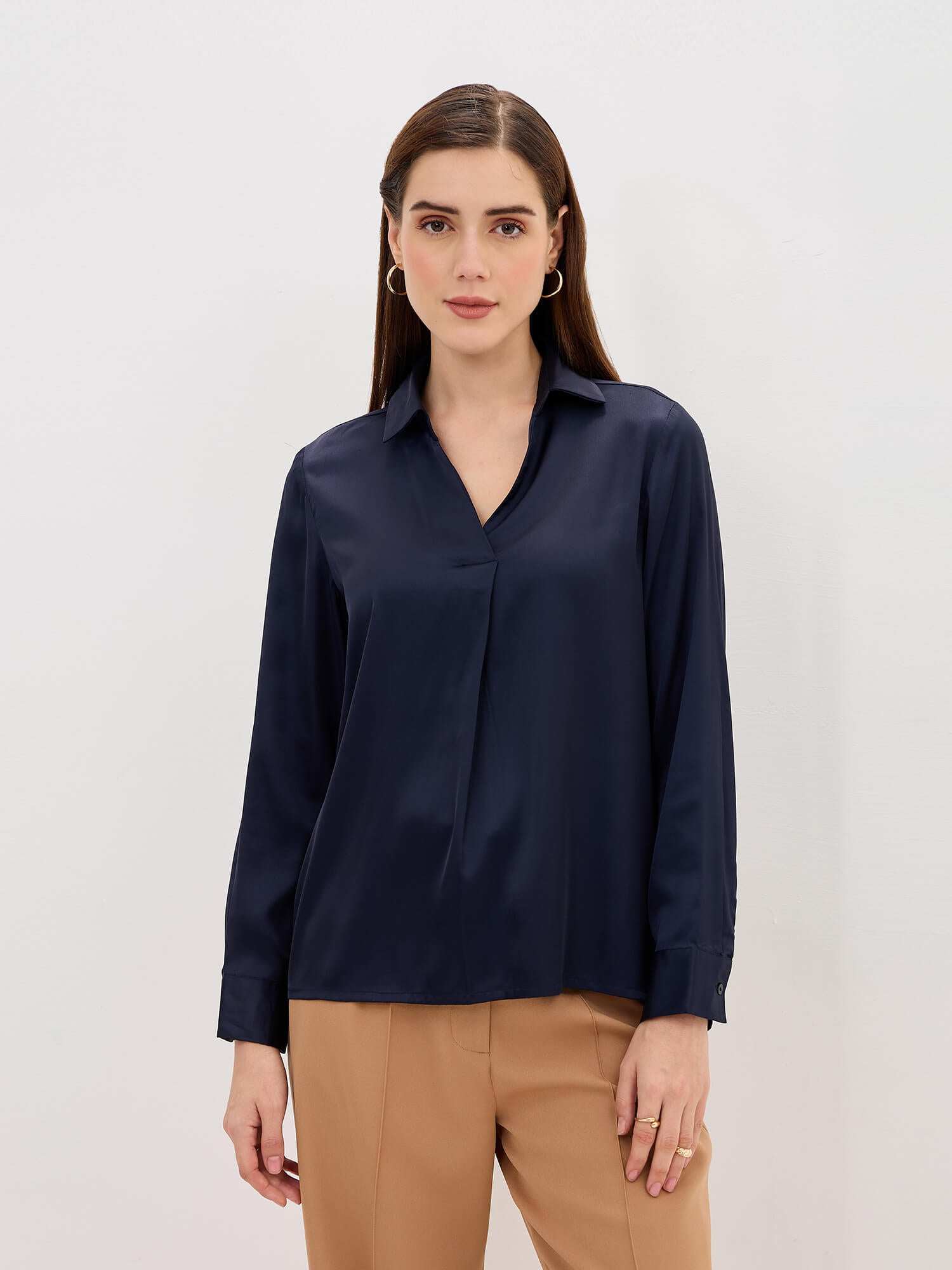 Andorra Front Pleat With Metallic Button Top-Navy